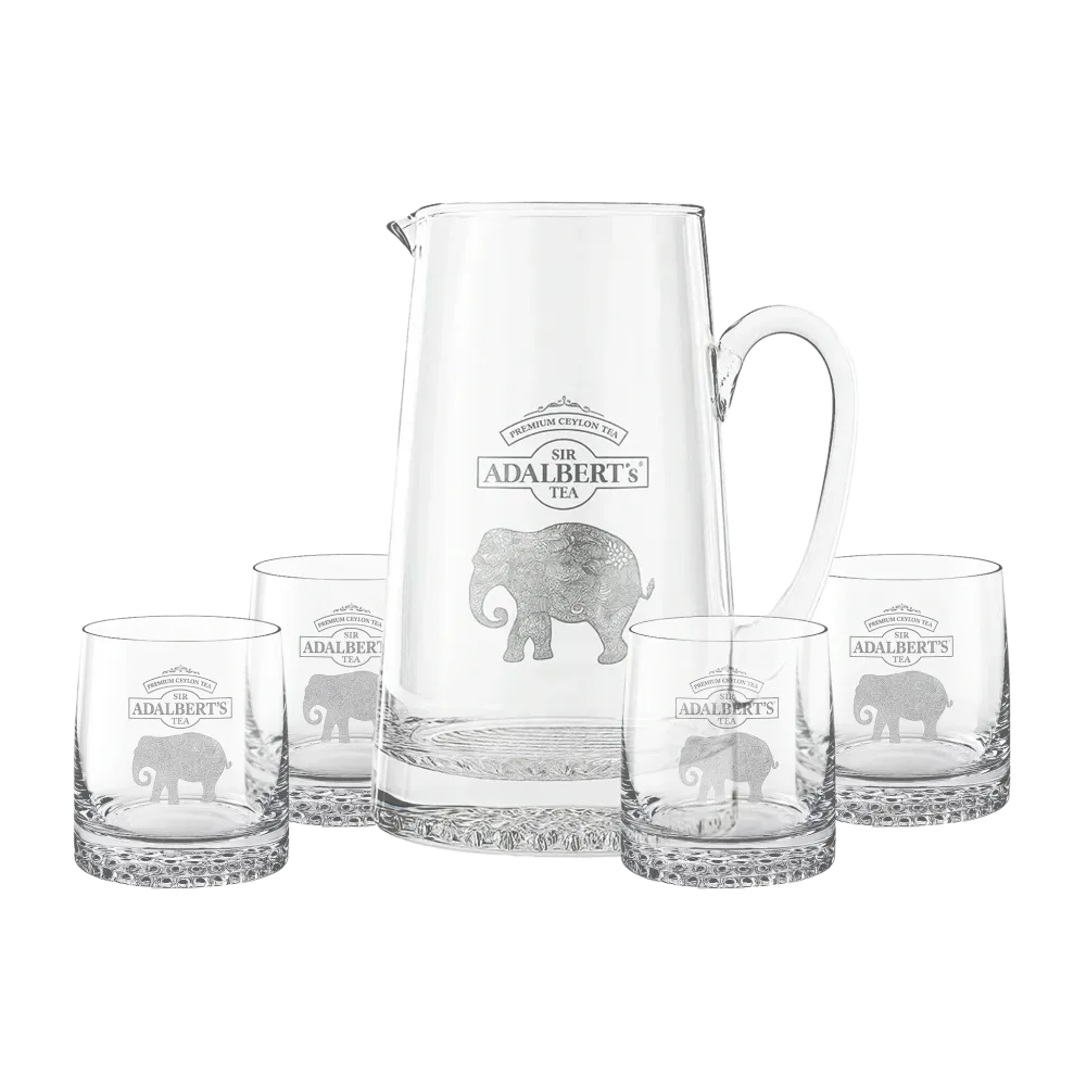 Coffret de thé de la marque Adalbert-Pichet et 4 verres avec gravure d'éléphant