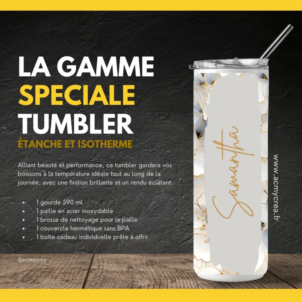 Gourde Tumbler isotherme - Fleurs Blanches & Doré