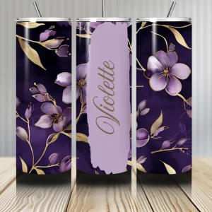 Gourde Tumbler isotherme - Fleurs Lilas Doré sur Fond Violet Profond