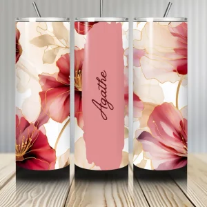 Gourde Tumbler isotherme - Fleurs Rose Poudré & Rouge Framboise aux Accents Dorés