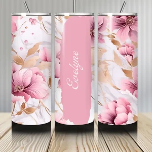 Gourde Tumbler isotherme - Fleurs Rose Poudré Doré Doux