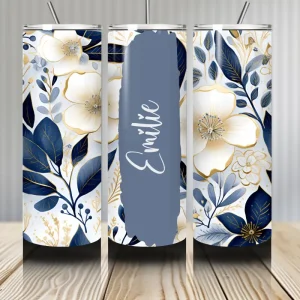 Gourde Tumbler isotherme - Élégance Florale Bleu Nuit & Doré