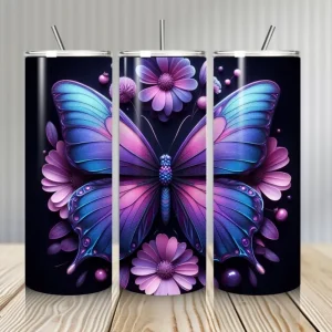Gourde Tumbler isotherme - Papillon Bleu Violet avec fleurs