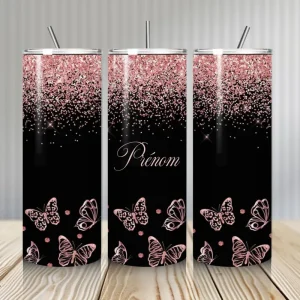 Gourde Tumbler isotherme - Papillons Rose & Noir Pailletés