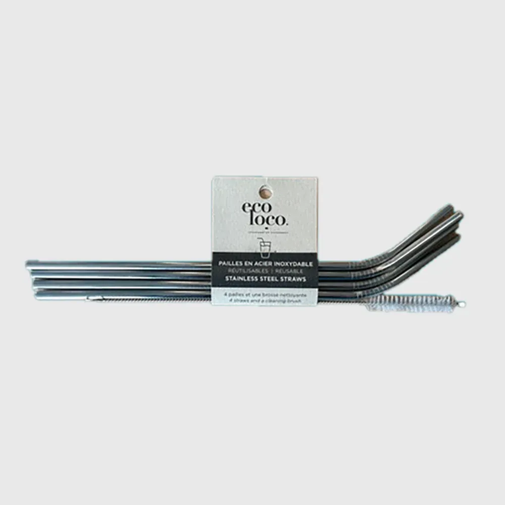Pailles acier inoxidable pqt 4 + 1 brosse courbées
