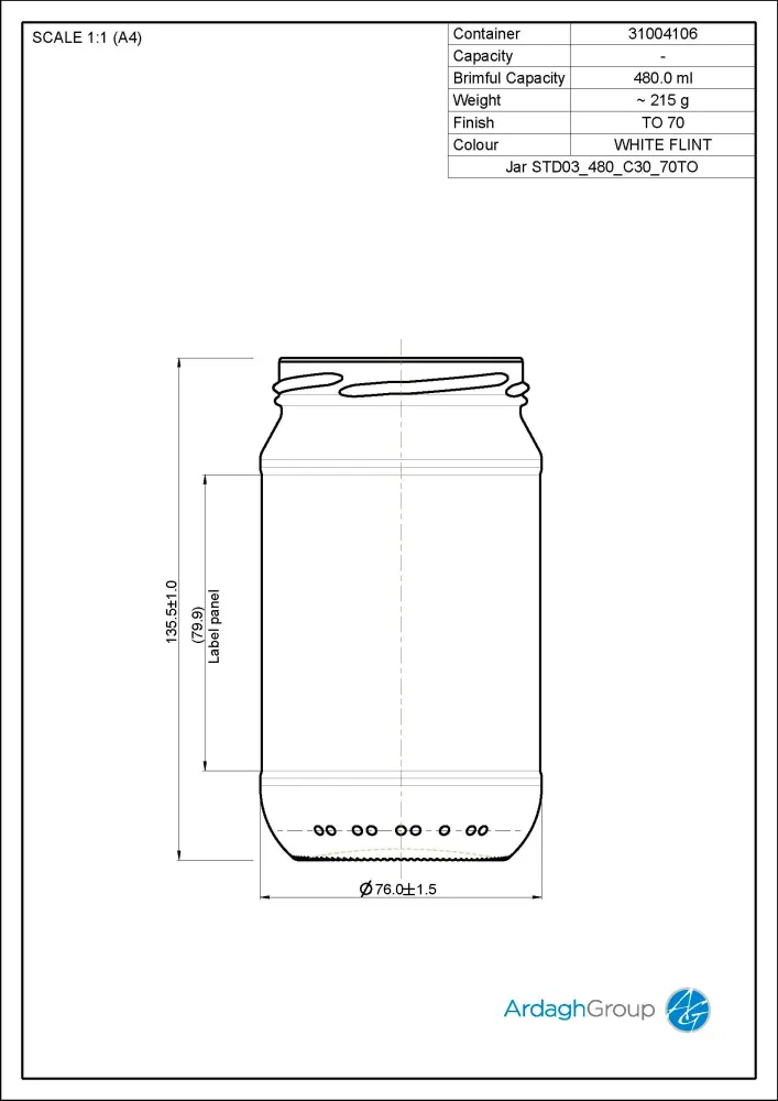 Pot alimentaire en verre flint de 480 ml - Ardagh