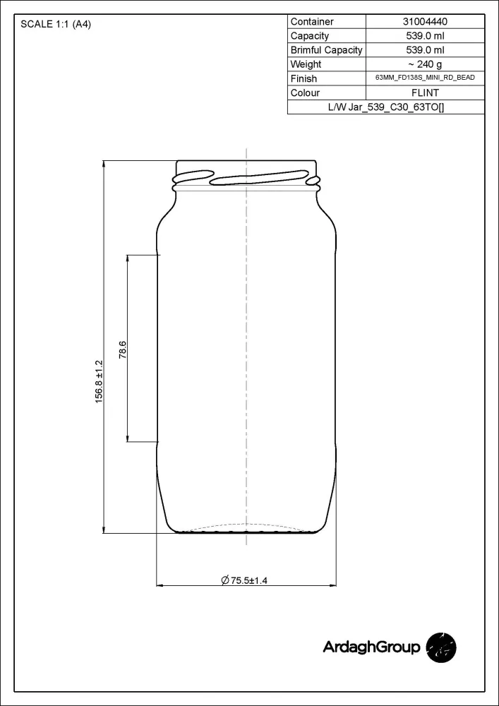 Pot alimentaire en verre flint de 539 ml - Ardagh