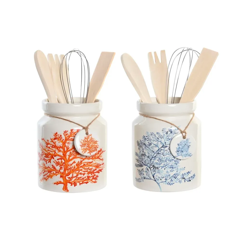 Pot pour ustensiles de cuisine DKD Home Decor Métal Dolomite Bois MDF 12 x 12 x 22 cm (2 Unités)