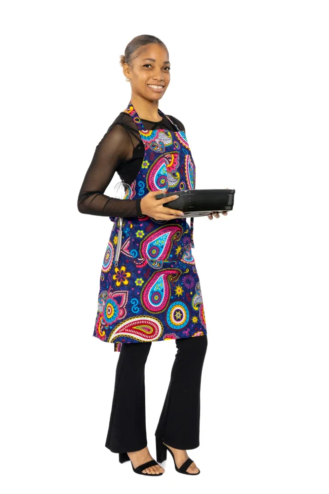 Tablier imprimé africain - Bleu Rose Paisley