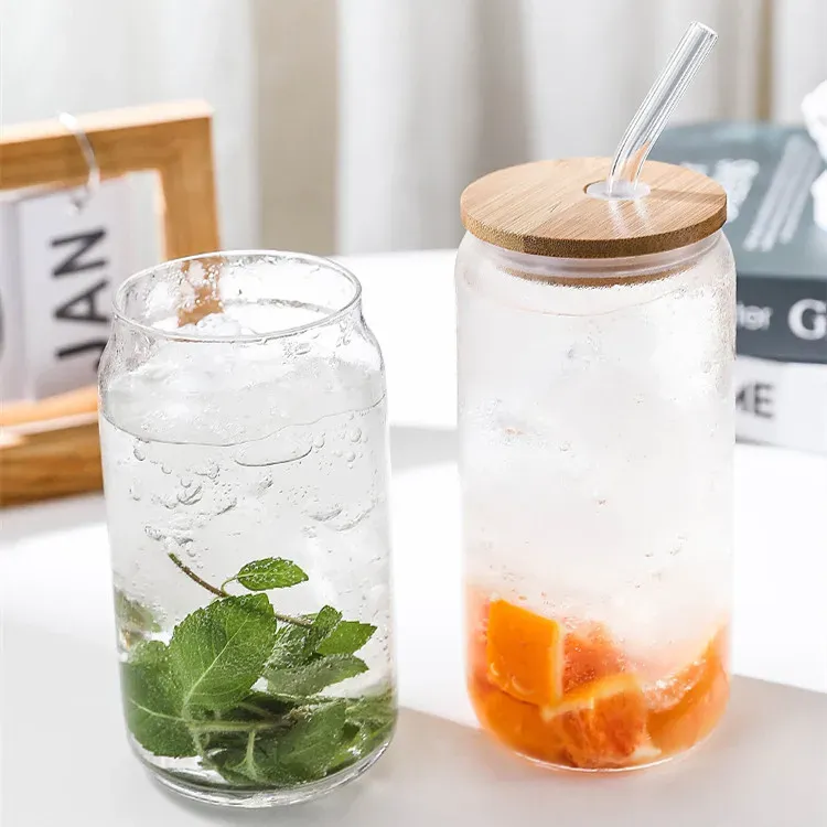 1 tasse Mason transparente de 500 ml avec couvercle en bambou et paille en verre de haute qualité pour lait, thé, eau et café