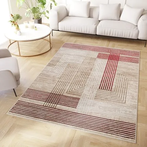 TAPISO Crystal Tapis Poils Courts Moderne Rouge Blanc Beige Motif Lignes Effet 3D Brillant Doux Tapis Salon Chambre Adulte...