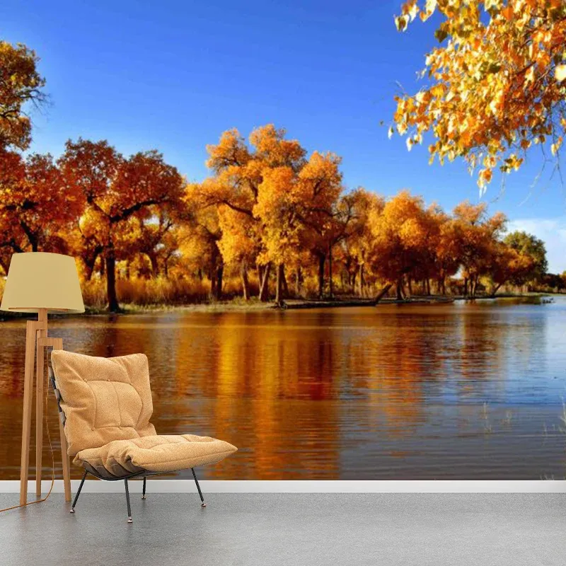 Arbres d’automne et papier peint mural de rivière pour la décoration de la chambre à coucher, bleu et marron, taille perso...