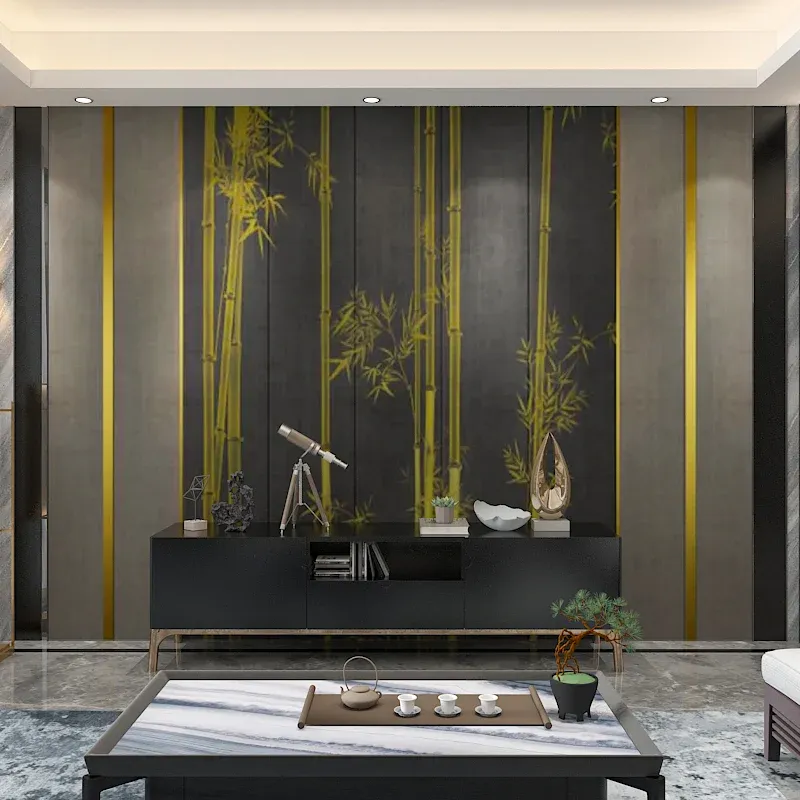 Art mural minimaliste en bambou pour café, fresque murale extra large en vert Clearhalo
