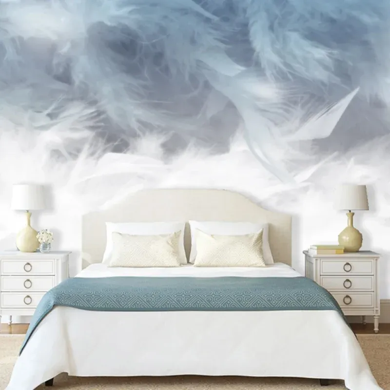 Art mural en plumes en gris et bleu, peinture murale minimaliste pour la décoration de la maison Clearhalo