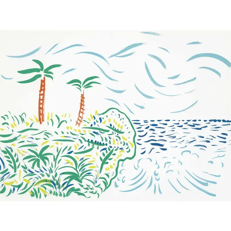 Autocollant Mural de paysage Tropical d'art, revêtement Mural de peinture de paysage bleu pour la maison Clearhalo