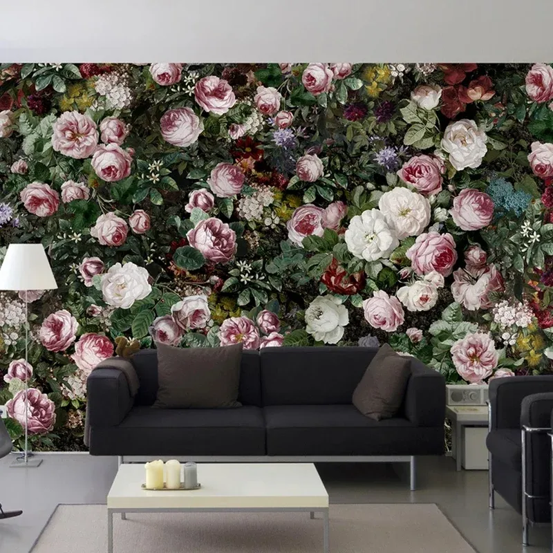 Autocollant mural Rose en forme de grande grappe, pour salon, Art mural en fleurs en vert et rose, résistant aux taches Cl...