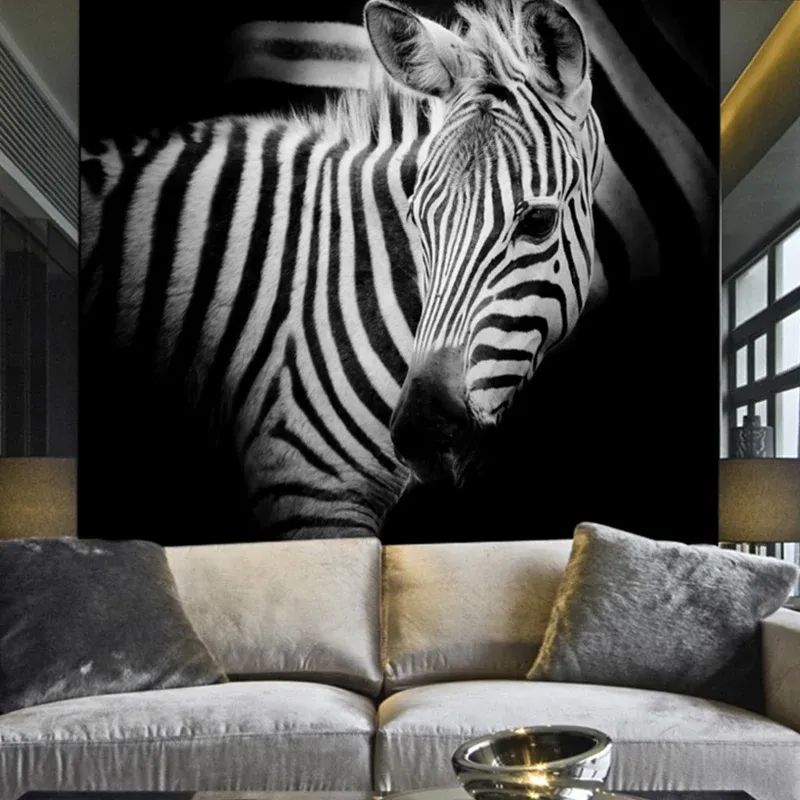 Cool Zebra Wall Mural Decal pour Accent Wall Animal Wall Covering en noir et blanc, taille personnalisée disponible Clearhalo