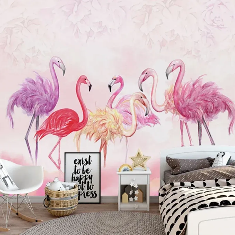 Décalcomanie murale de mur de flamant nordique dans le revêtement mural de chambre de fille rose, taille personnalisée dis...