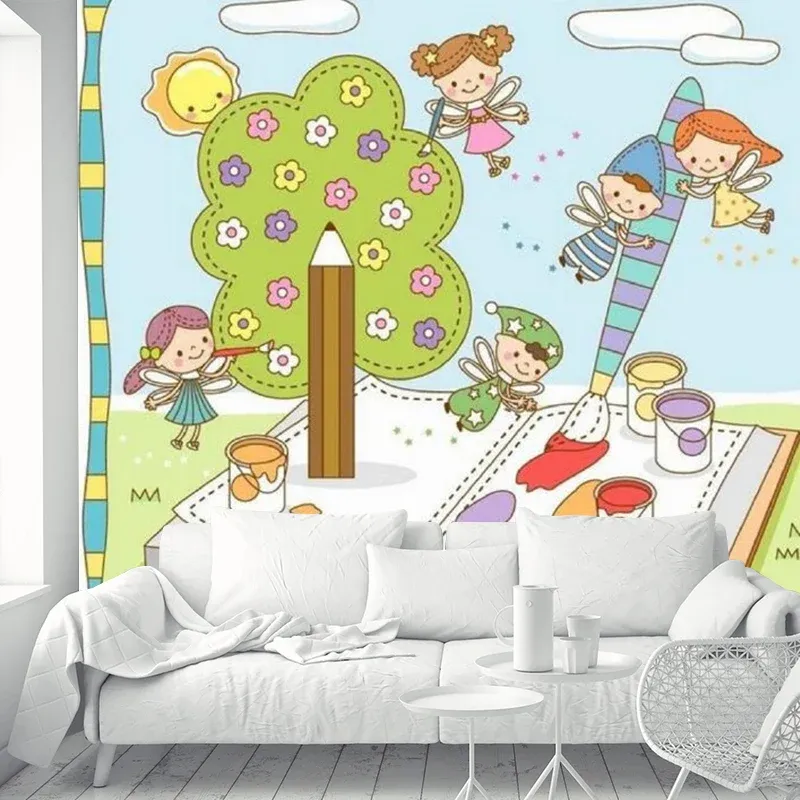 Fantasy Kids Book Murals Papier peint dessin animé non tissé en bleu et vert Clearhalo