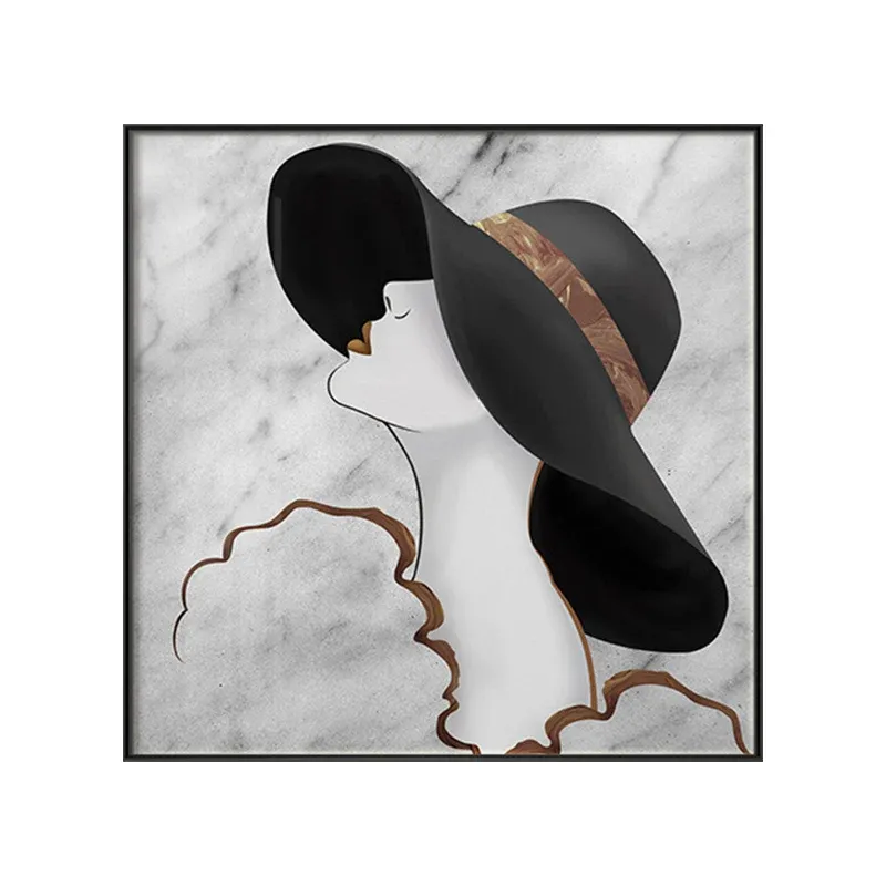 Femme au chapeau souple Toile Art Glam Figure élégante Décoration murale en noir pour chambre de fille Clearhalo