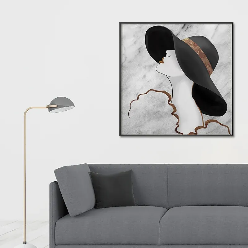 Femme au chapeau souple Toile Art Glam Figure élégante Décoration murale en noir pour chambre de fille Clearhalo