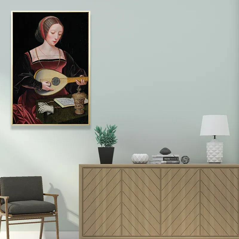 Femme rouge jouant du luth, peinture musicale sur toile texturée Vintage pour salon Clearhalo