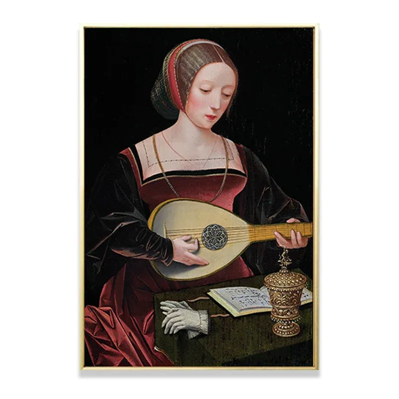 Femme rouge jouant du luth, peinture musicale sur toile texturée Vintage pour salon Clearhalo
