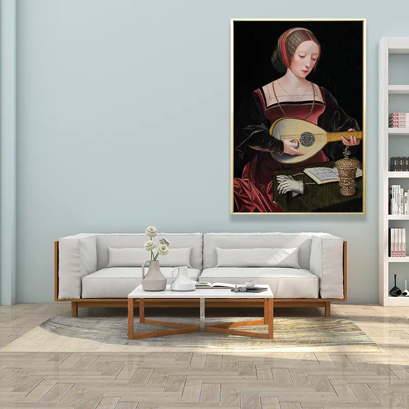 Femme rouge jouant du luth, peinture musicale sur toile texturée Vintage pour salon Clearhalo