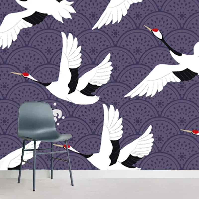 Grand papier peint mural chinoiserie, troupeaux blancs de grues à couronne rouge, art mural sur violet Clearhalo
