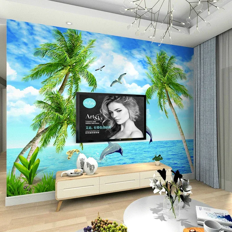 Grand papier peint mural simple pour salon, avec mouette et cocotier en bleu et vert Clearhalo