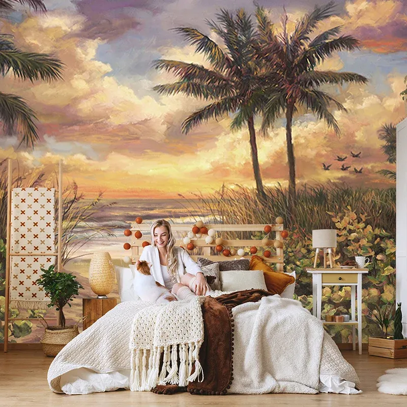 Grand papier peint mural tropical êt de couleurs fraîches et art mural d’arbre, taille personnalisée disponible Clearhalo