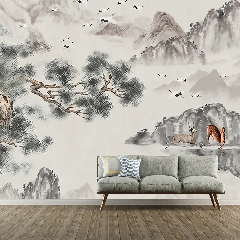 Grande illustration murale inspirée de l'Asie pour chambre d'amis avec motif grue et cerf en gris et vert Clearhalo