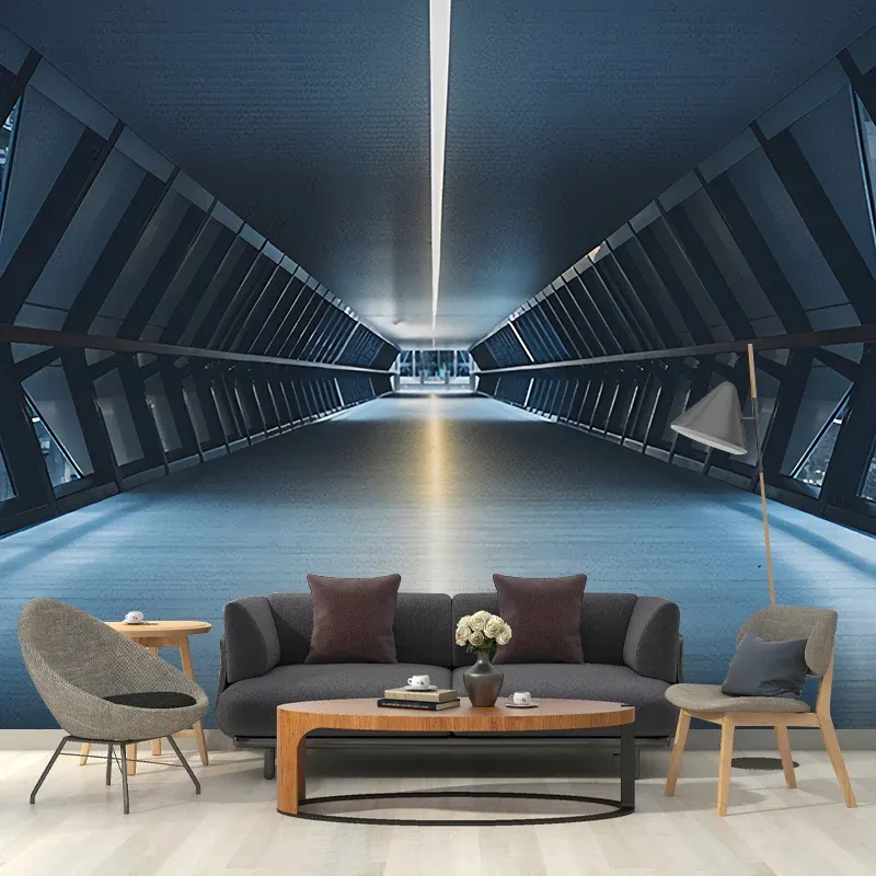 Grande photo murale tunnel 3D pour salon en bleu foncé, taille personnalisée disponible Clearhalo
