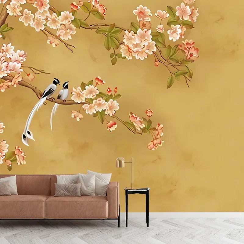 Illustration Magnolia Papier peint mural pour salon, art mural pleine grandeur en jaune et rose Clearhalo