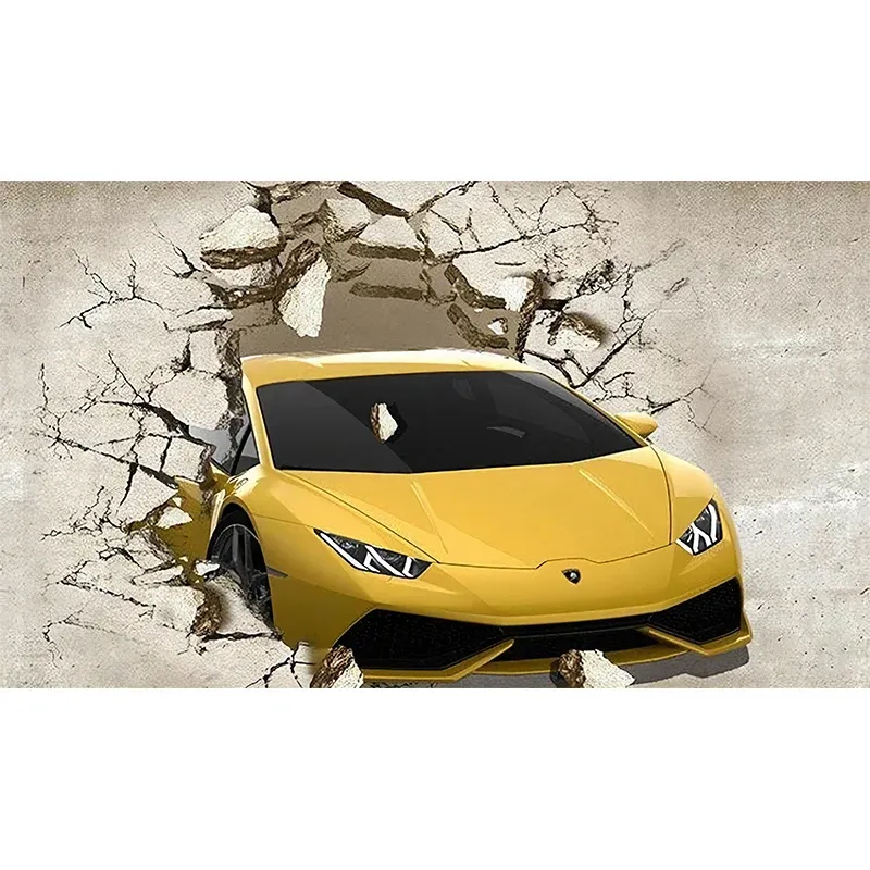 Illustration murale de voiture pleine grandeur pour le salon, jaune et beige, imprimée sur mesure Clearhalo
