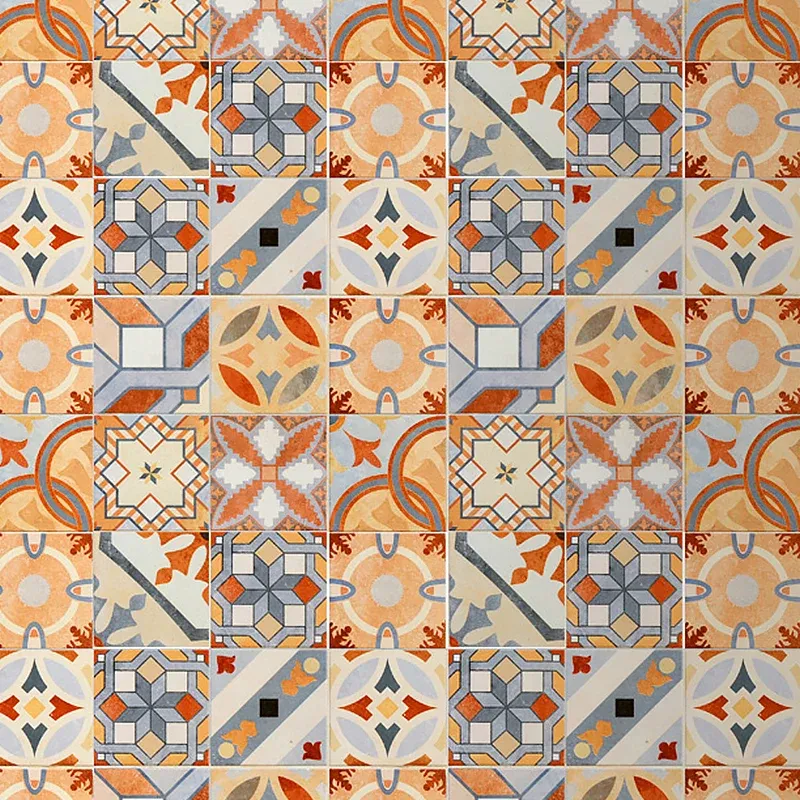 Panneau de papier peint en bâton de mosaïque Boho, revêtement mural de cuisine orange-bleu, 8' x 8" Clearhalo