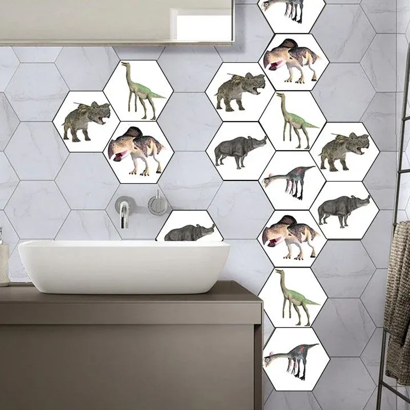 Panneaux de papier peint à imprimé animal pour enfants, revêtement mural adhésif gris-blanc dinosaure et rhinocéros Clearhalo