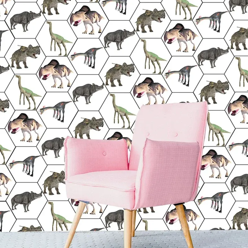Panneaux de papier peint à imprimé animal pour enfants, revêtement mural adhésif gris-blanc dinosaure et rhinocéros Clearhalo