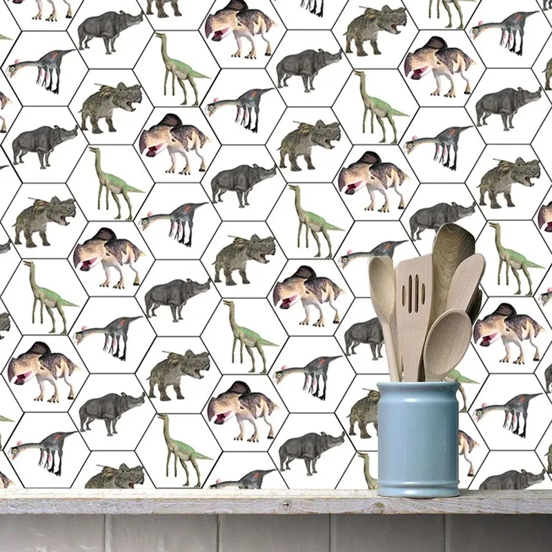 Panneaux de papier peint à imprimé animal pour enfants, revêtement mural adhésif gris-blanc dinosaure et rhinocéros Clearhalo