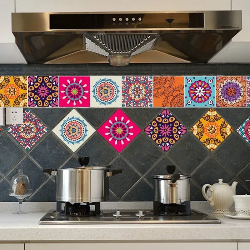 Panneaux de papier peint mandala bohème-chic pour cuisine, 8 pi de long x 8 po de large, art mural adhésif en orange Clear...