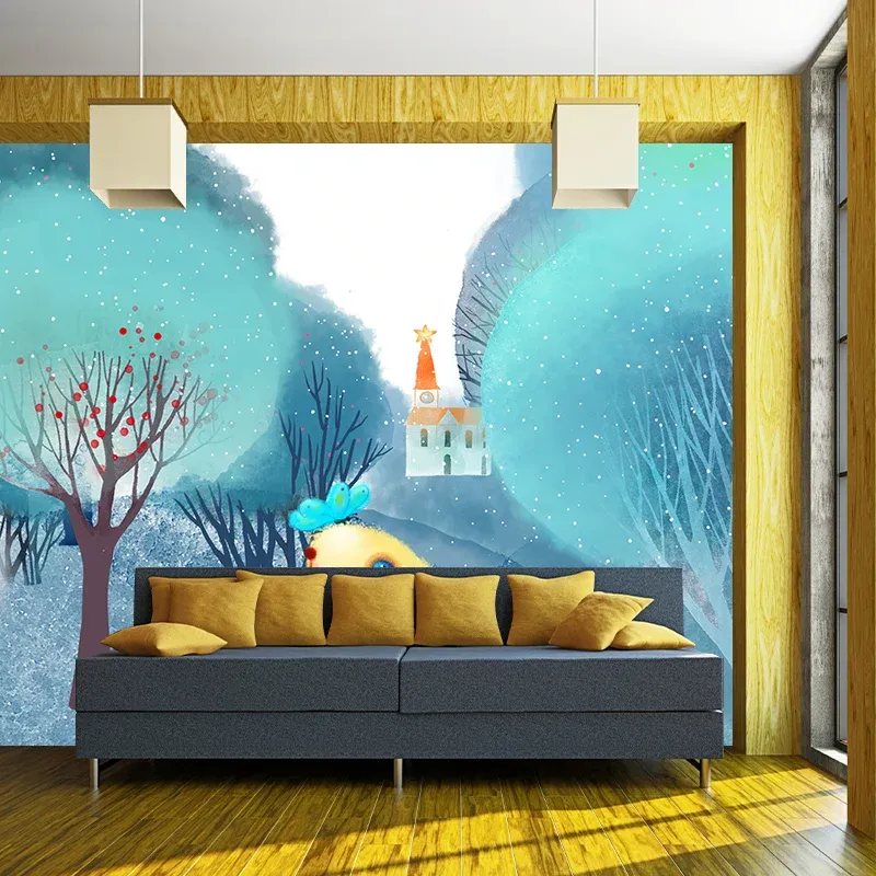 Papier peint Animal de dessin animé, revêtement Mural de paysage Rural bleu-blanc pour chambre d'enfant Clearhalo