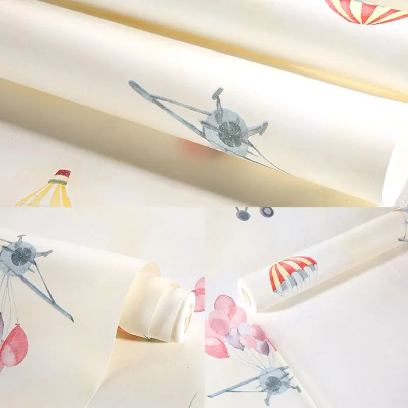 Papier peint ballon et avion couleur pastel, décoration murale non collée pour enfant, 20,5 po x 31 pi Clearhalo