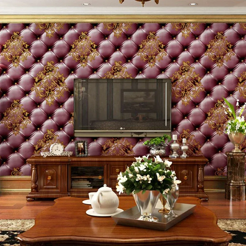 Papier peint en cuir Damask Chesterfield, revêtement mural en PVC vintage en violet et rouge Clearhalo