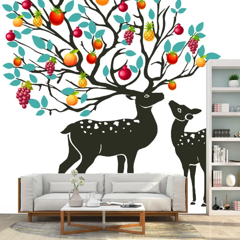 Papier peint décoratif pleine grandeur, cerf Sika rouge-jaune-bleu avec revêtement mural en bois d'arbre fruitier, impress...