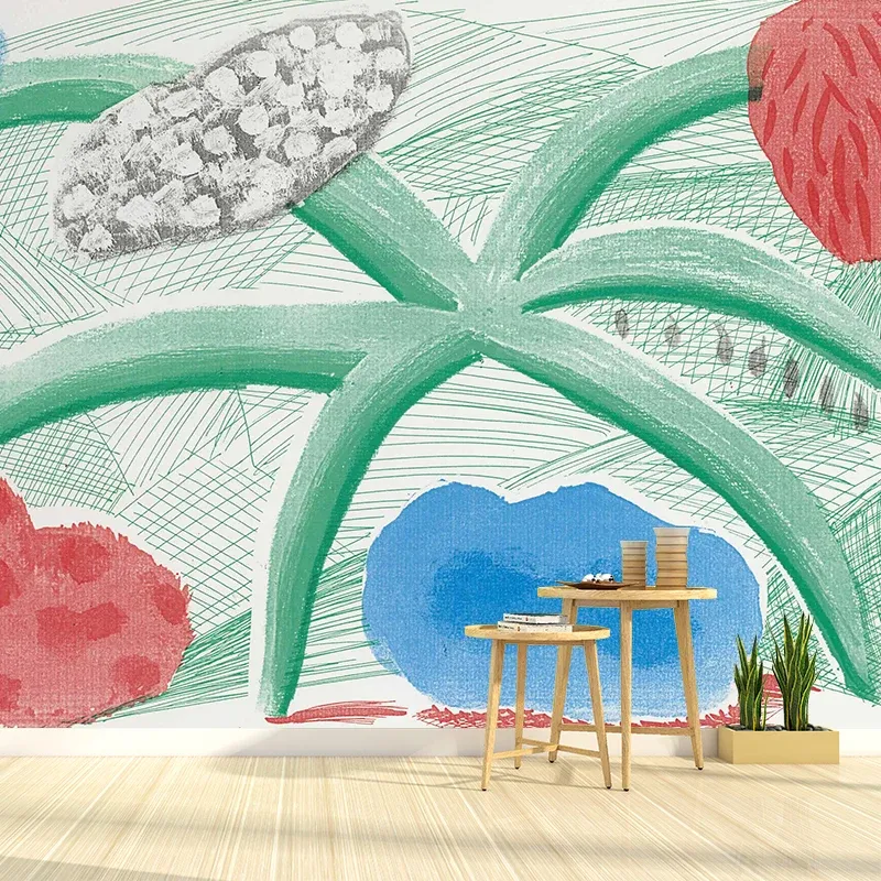 Papier peint Floral de Style moderne, décoration murale d'œuvres d'art rouge-bleu-vert pour la maison Clearhalo