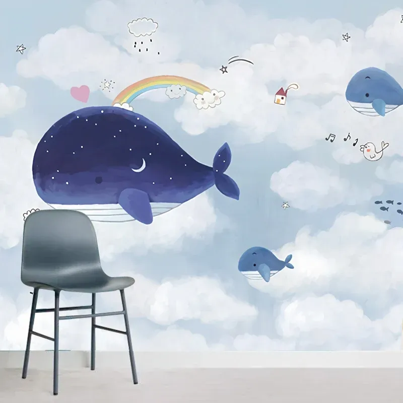Papier peint mural baleine bleue et blanche, revêtement mural résistant à l'eau pour garçon ou fille Clearhalo