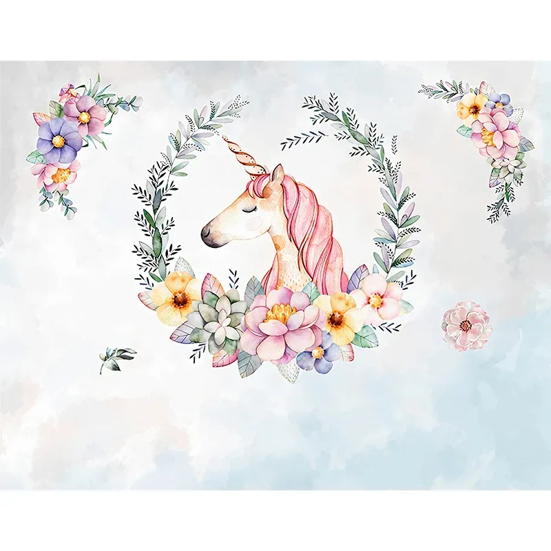Papier peint mural cheval de dessin animé pleine grandeur en tissu non tissé rose, décoration murale pour chambre de fille...