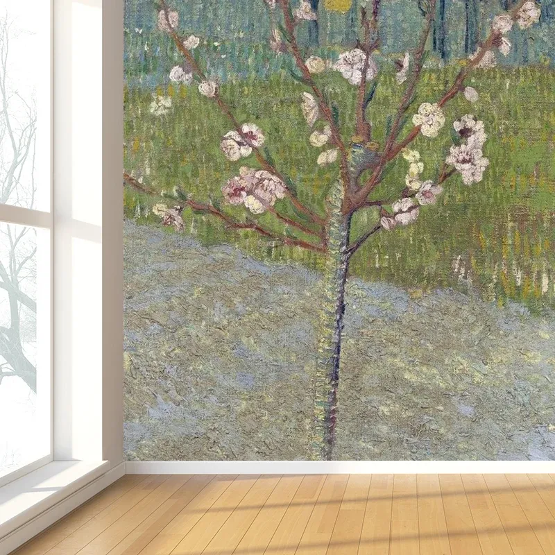 Papier peint mural contemporain avec arbre à fleurs pour salle de bain, revêtement mural pleine grandeur en vert Clearhalo