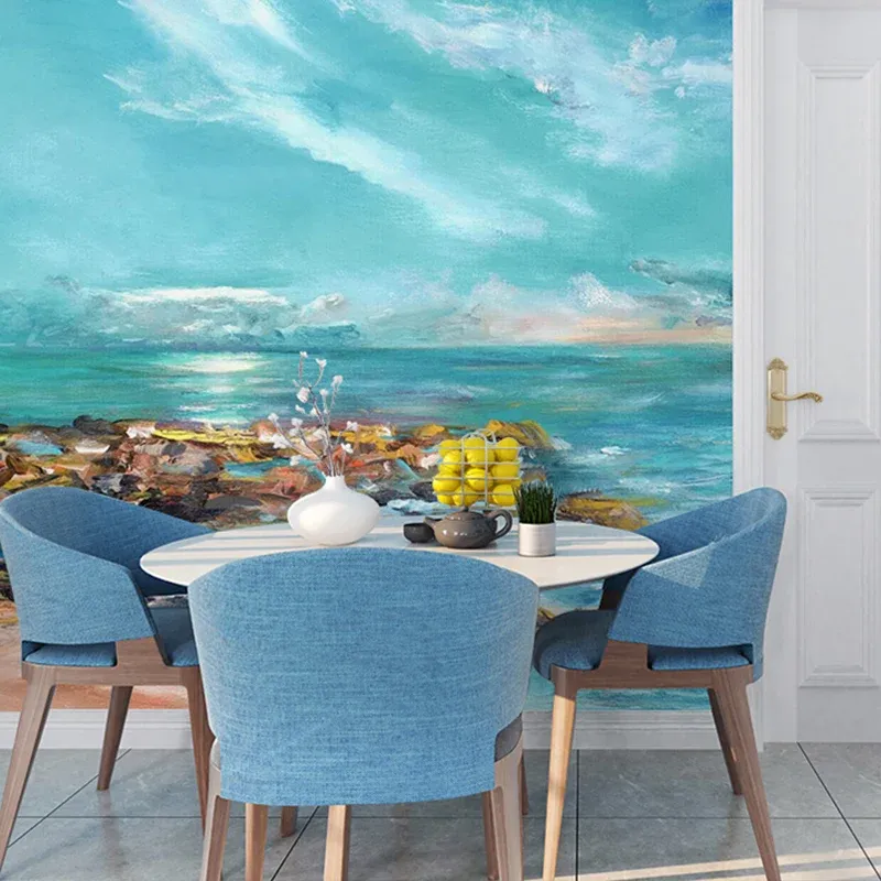 Papier peint mural contemporain pour la décoration de la maison, scène de mer en bleu ciel, taille personnalisée disponibl...