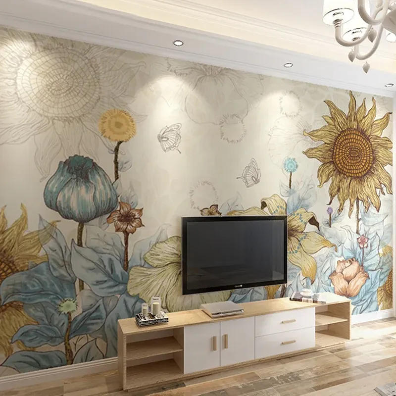 Papier peint Mural décoratif tournesol, revêtement Mural en tissu Non tissé nostalgique pour décoration de salle à manger...